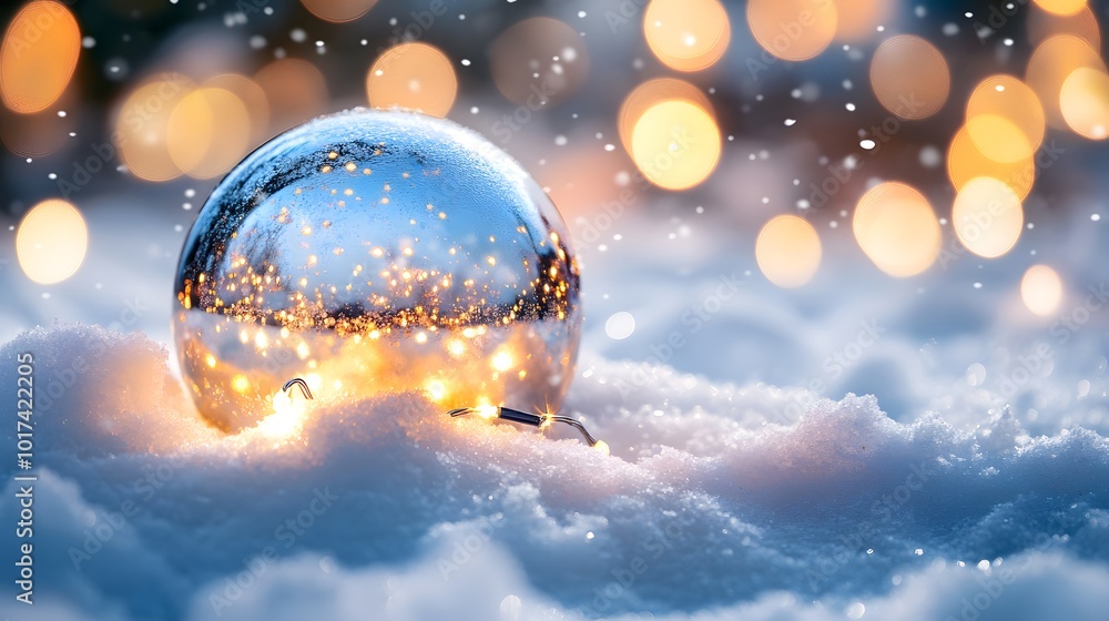A Glass Sphere Reflecting Golden Lights in Snowy Landscape A Glass Sphere Reflecting Golden Lights in Snowy Landscape
