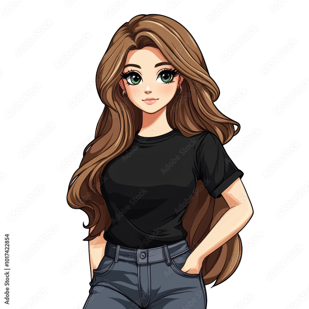 Trendy yearold influencer in D style, sporting a black tee and baggy jeans against a clean white backdrop. Trendy yearold influencer in D style, sporting a black tee and baggy jeans against a clean white backdrop.