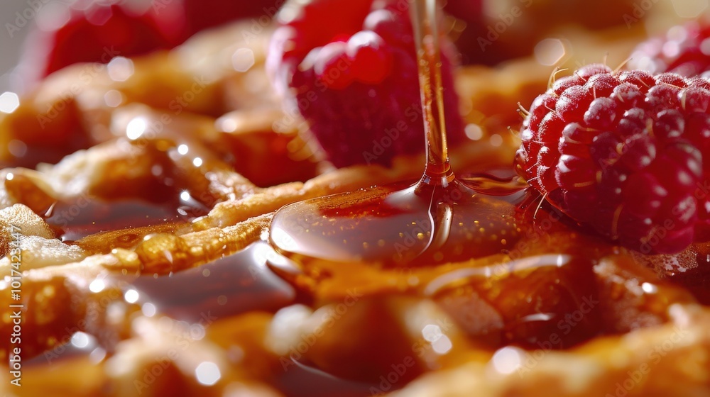 Close-Up Breakfast Waffles with Maple Syrup and Fresh Raspberries