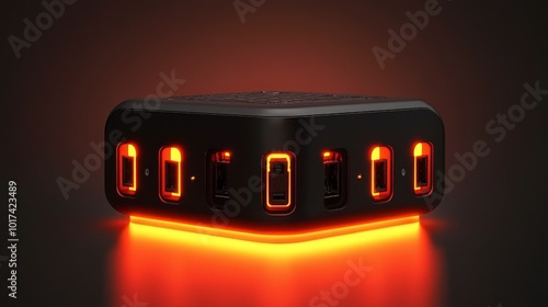 Sleek black device with glowing orange accents and multiple ports