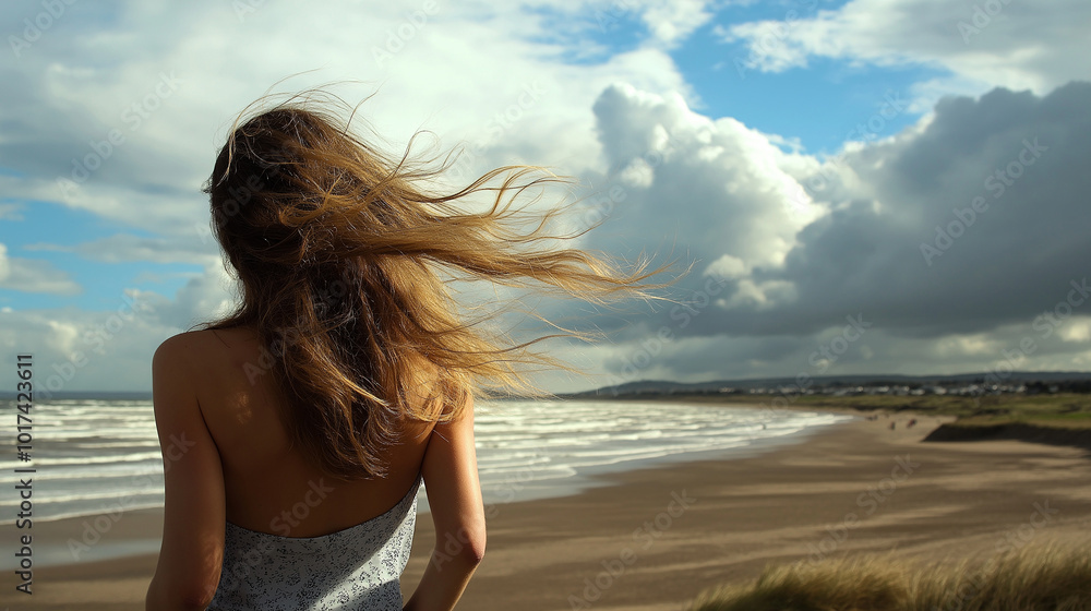 A woman standing on a beach, wind blowing through her hair, embracing freedom and inner strength A woman standing on a beach, wind blowing through her hair, embracing freedom and inner strength