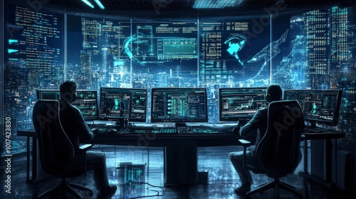 Two men working in a high-tech command center with multiple screens