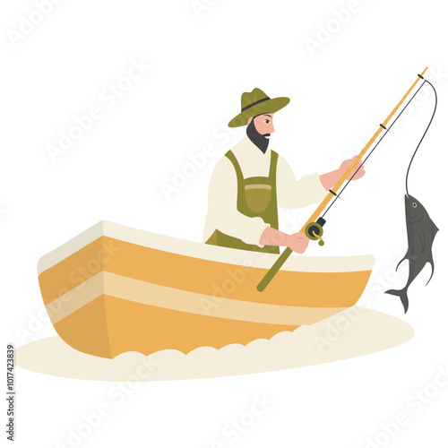 Cute Fisherman Character Illustration on White Background. Vector Clipart Design.