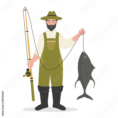 Cute Fisherman Character Illustration on White Background. Vector Clipart Design.
