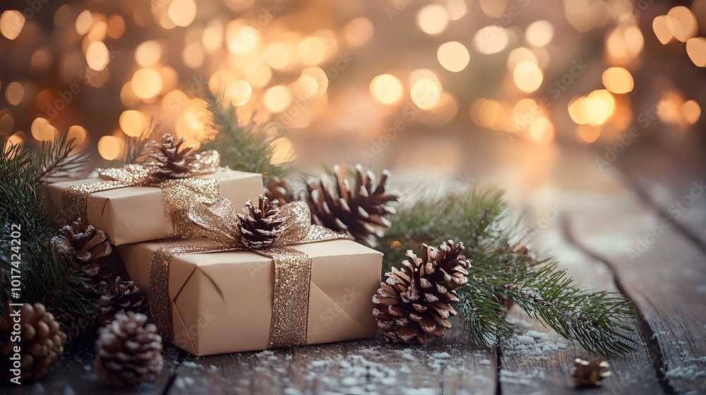 Wrapped Christmas Gifts with Pine Cones and a Bokeh Background Wrapped Christmas Gifts with Pine Cones and a Bokeh Background