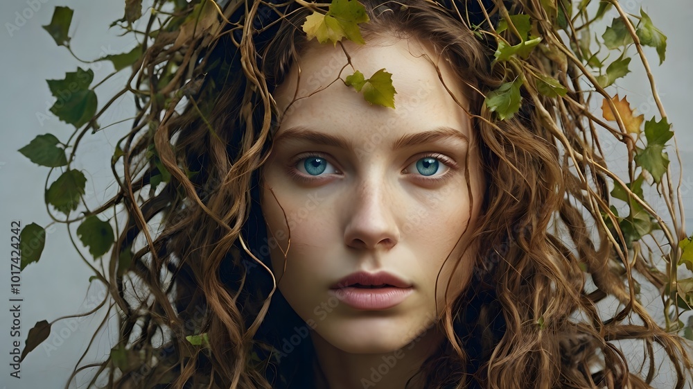 A surreal portrait of a woman with a wild tangle of vines and leaves, frames her face like a crown. A surreal portrait of a woman with a wild tangle of vines and leaves, frames her face like a crown.