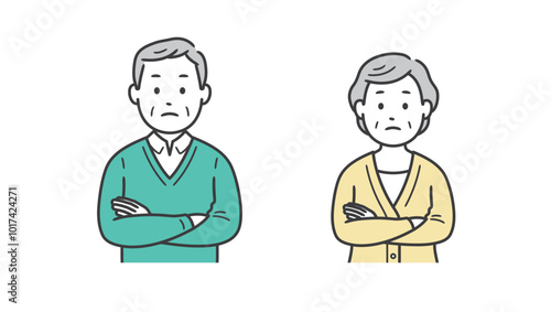 腕組みをして悩む高齢者男女の上半身イラスト
