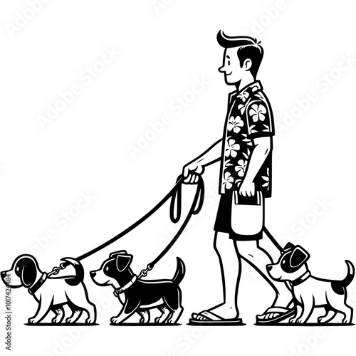 Man dressed in home clothes walks neighbors dogs in monochrome. Simple minimalistic vector in black ink drawing on transparent background