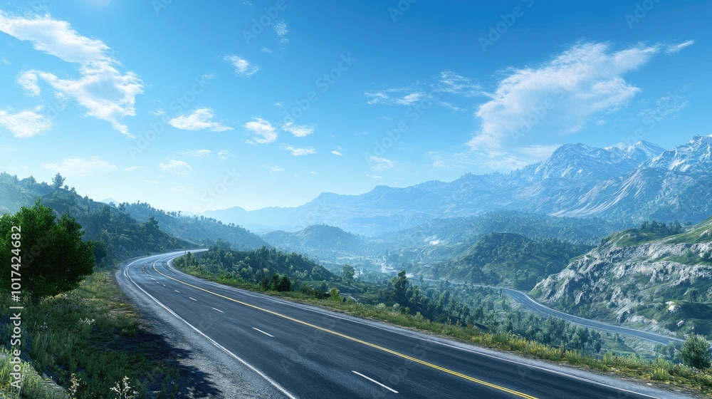 Fototapeta premium Serene Mountain Road Under Bright Blue Sky