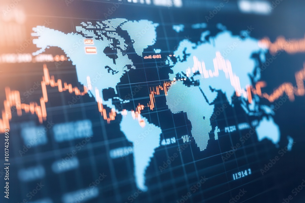 Digital world map with multiple stock market graphs displayed over different regions, global market performance, financial analysis Digital world map with multiple stock market graphs displayed over different regions, global market performance, financial analysis