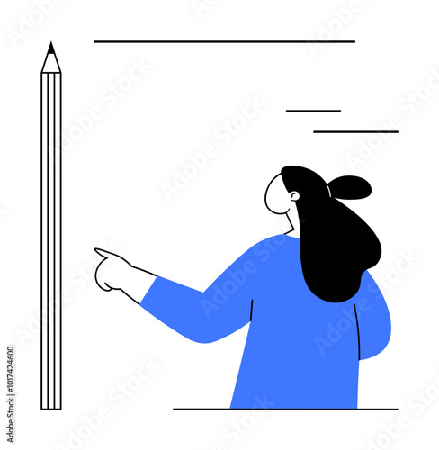 A woman with dark hair in a bun and a blue sweater points confidently at a tall pencil. Ideal for creativity themes, educational content, art and design, writing and publishing, motivational