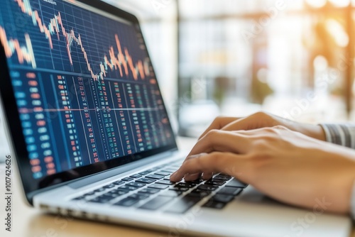 Close-up of financial analyst s hands typing on a laptop with international stock market data, financial data input, global investment