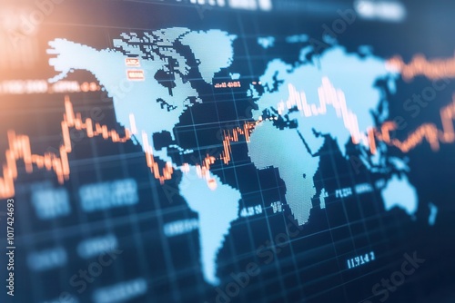 Digital world map with multiple stock market graphs displayed over different regions, global market performance, financial analysis