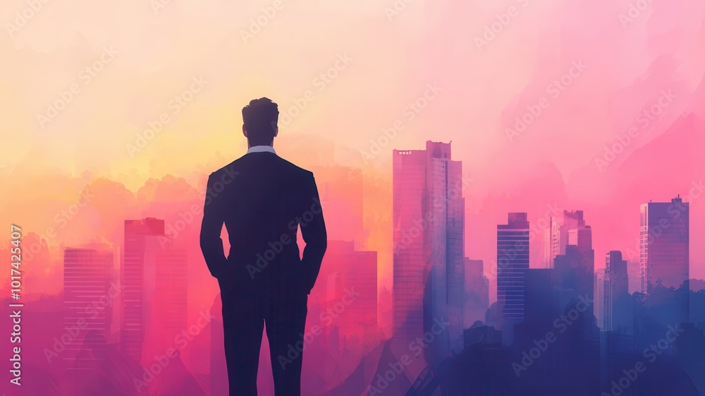 A silhouette of a businessman overlooks a vibrant sunset cityscape, symbolizing ambition and new opportunities. A silhouette of a businessman overlooks a vibrant sunset cityscape, symbolizing ambition and new opportunities.
