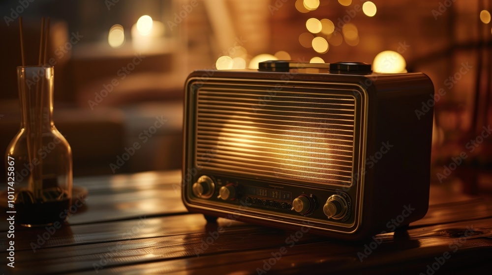 custom made wallpaper toronto digitalVintage radio with glowing dial emitting static and crackling sounds on wooden table, surrounded by old-fashioned furniture, evoking a nostalgic atmosphere.