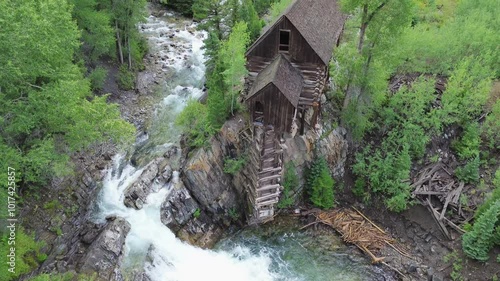 Historic Crystal Mill near Marble, Colorado. Shot tilts up from the pool below the structure to it's roof.