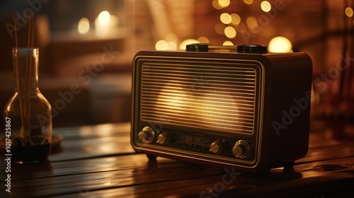 Vintage radio with glowing dial emitting static and crackling sounds on wooden table, surrounded by old-fashioned furniture, evoking a nostalgic atmosphere.