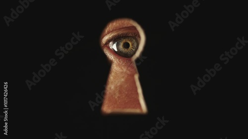 Male blue eye looking through the keyhole. The concept of voyeurism, curiosity, Stalker, surveillance and security