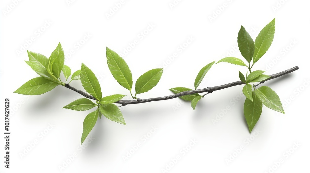 Obraz premium Fresh green leaves on branch against white background in minimalist style