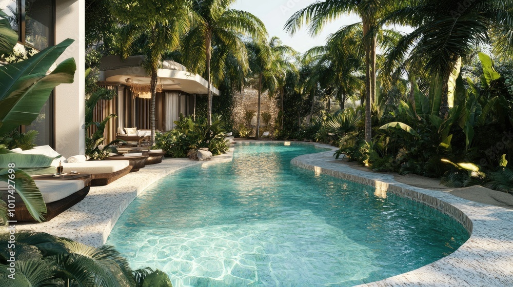 Fototapeta premium Serene Tropical Pool Surrounded by Lush Greenery