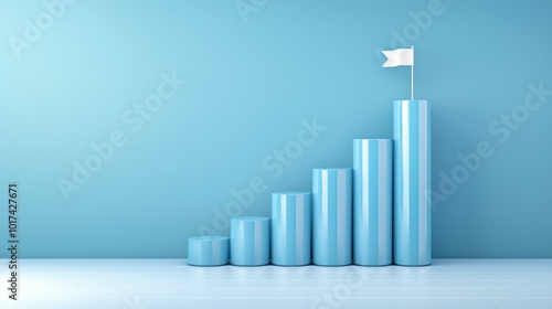 A visual chart displaying blue bars rising, topped with a flag, showcases a clear path to success on a clean white canvas. photo