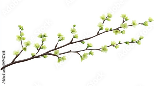 Delicate branch with small green flowers on white background