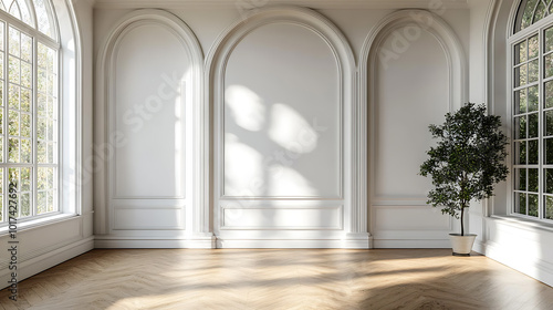 Sunlight streams through arched windows in a modern, white room, highlighting the hardwood floors and a potted plant.