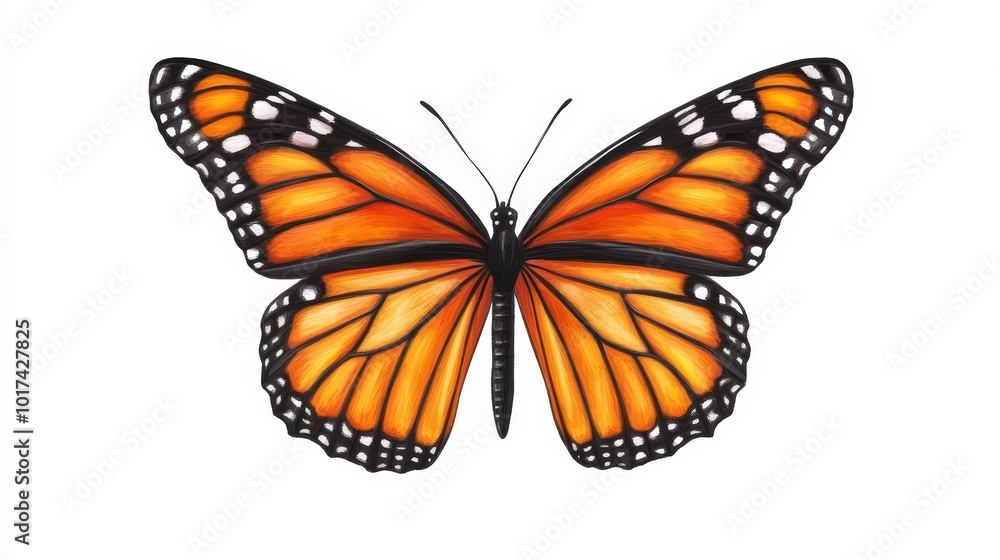 Fototapeta premium Vibrant monarch butterfly with orange and black wings on white background
