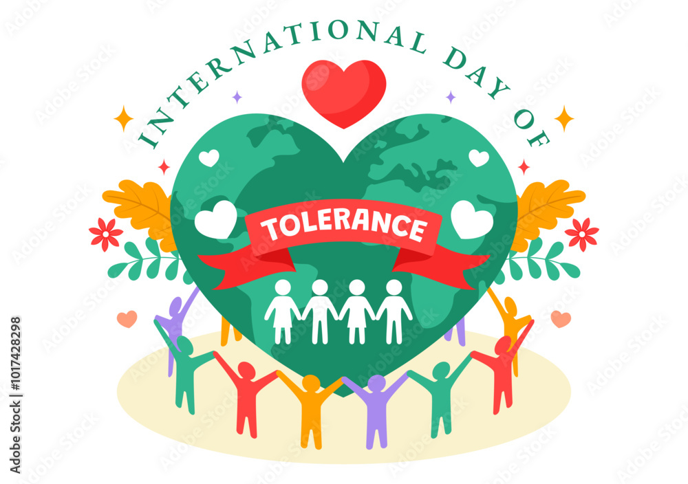 Fototapeta premium International Day of Tolerance Vector Illustration Featuring Diverse Skin Tone Hands Joined Together for Human Solidarity in a Flat Background