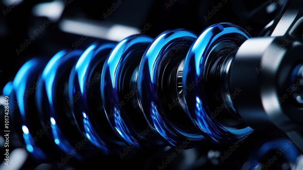 Car suspension system in elegant spirals, photographed with indigo highlights against a black background, focusing on auto body repair