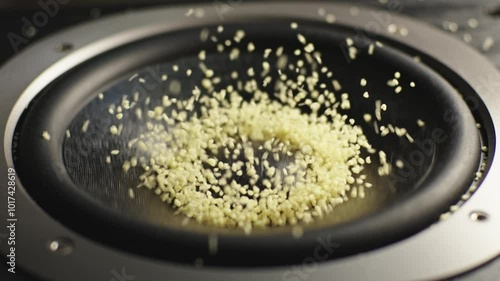 The subwoofer speaker vibrates while playing the deep bass of a music track. The white particles bounce from the vibration.
