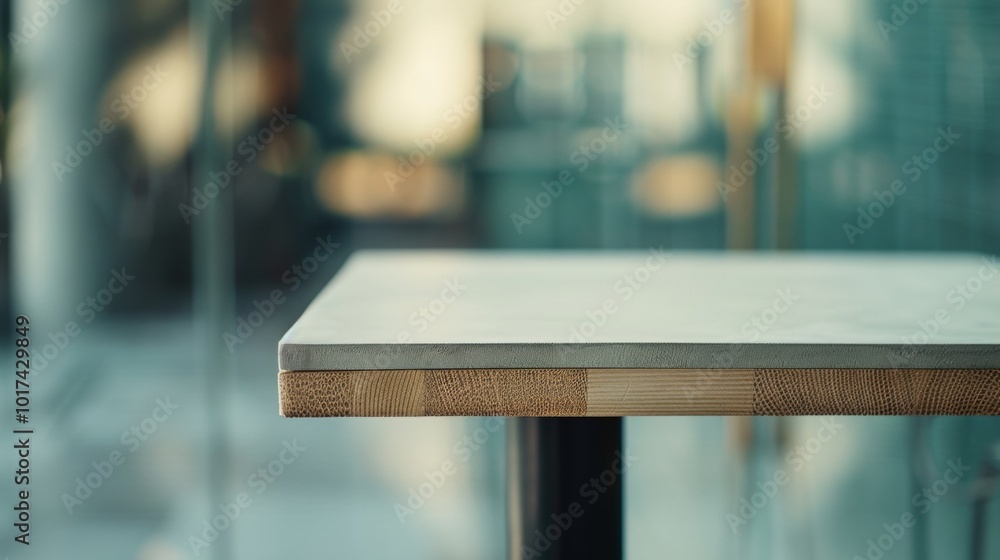 Minimalist Soft Beige Concrete Table Surface in Modern Indoor Setting with Blurred Eco-Fashion Background