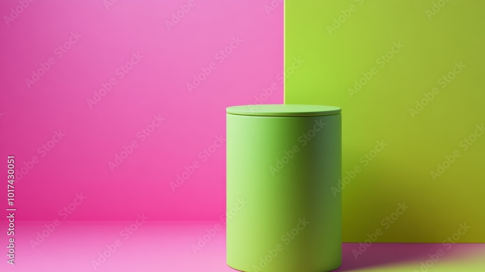 Modern Neon Green and Pastel Pink Minimalist Setup with Cylindrical Object Against Color Block Background Modern Neon Green and Pastel Pink Minimalist Setup with Cylindrical Object Against Color Block Background