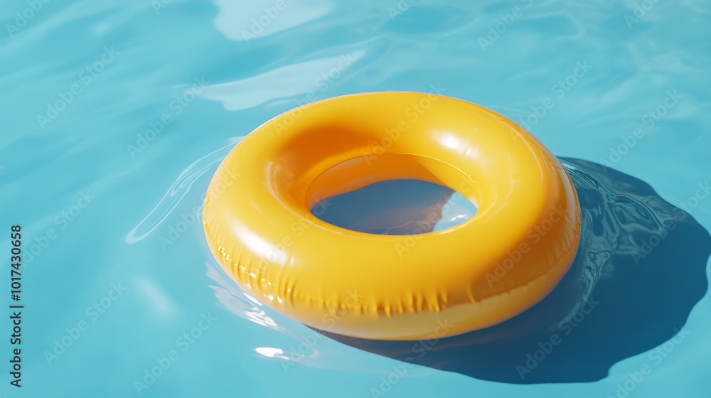 A close-up of a yellow pool ring floating in vivid blue water, capturing bright summer colors A close-up of a yellow pool ring floating in vivid blue water, capturing bright summer colors
