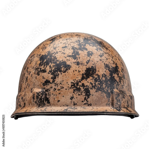 A detailed view of a sturdy army helmet, showcasing its design and durability against a pure white backdrop. photo