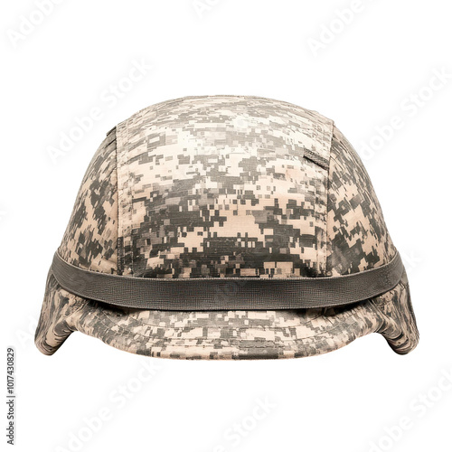 A detailed view of a sturdy army helmet, showcasing its design and durability against a pure white backdrop. photo