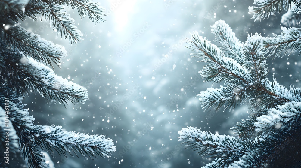 Snow-Covered Pine Branches Against a Blurry Winter Forest Background Snow-Covered Pine Branches Against a Blurry Winter Forest Background