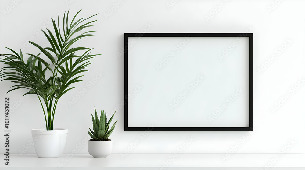 Blank Black Frame Mockup on White Wall with Plants for Minimal Design Blank Black Frame Mockup on White Wall with Plants for Minimal Design