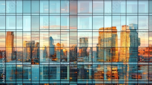 Exterior of a modern high-rise office building with glass windows  reflecting the abstract urban skyline in a futuristic architectural setting