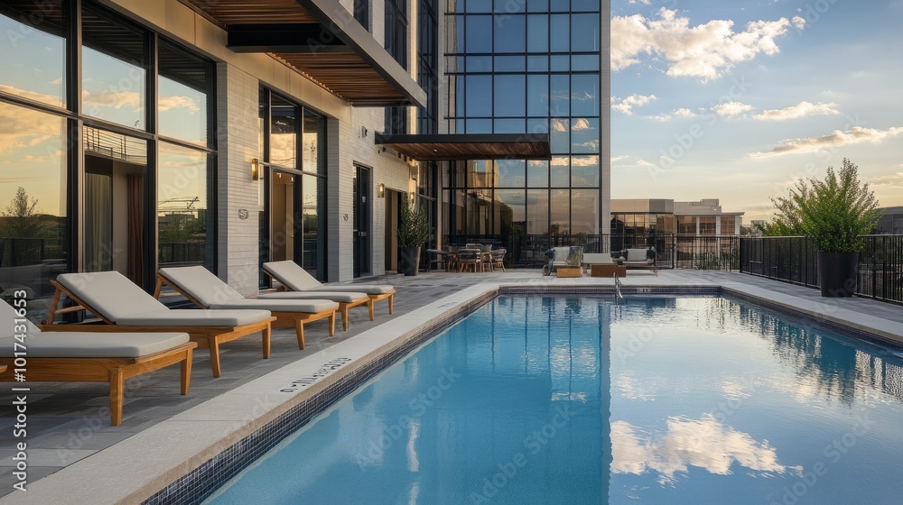 Obraz premium Contemporary poolside area in a modern apartment complex, featuring lounge chairs and clear windows reflecting the sky.