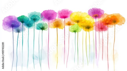 Fototapeta Naklejka Na Ścianę i Meble -  Colorful watercolor flowers in a row with various pastel shades