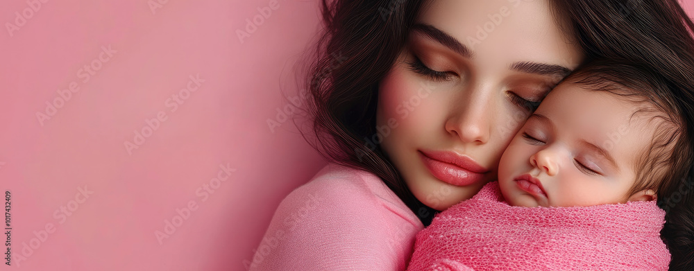 A mother holding her newborn baby wrapped in pink fabric, close-up of the woman's face and body with long brown hair. A mother holding her newborn baby wrapped in pink fabric, close-up of the woman's face and body with long brown hair.