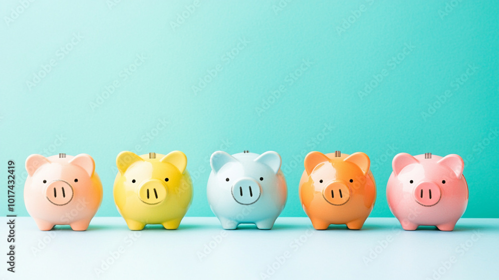 Colorful piggy banks lined up against vibrant background, showcasing playful and cheerful atmosphere. These charming savings tools symbolize financial planning and saving habits Colorful piggy banks lined up against vibrant background, showcasing playful and cheerful atmosphere. These charming savings tools symbolize financial planning and saving habits