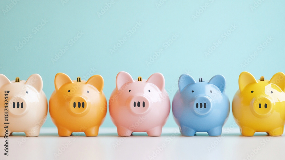 Colorful piggy banks in various shades lined up against light blue background, representing savings and financial planning. Their cheerful appearance evokes sense of optimism and fun Colorful piggy banks in various shades lined up against light blue background, representing savings and financial planning. Their cheerful appearance evokes sense of optimism and fun