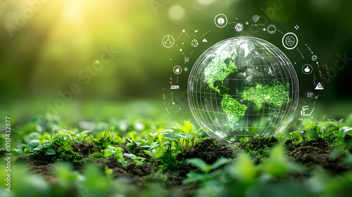 Green Globe with Digital Icons Represents Sustainability and Technology photo