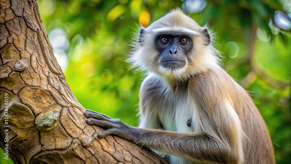 Fototapeta premium Asymmetrical Gray langur on a tree observing surroundings from a high point