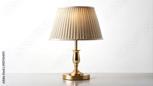 Asymmetrical gold table lamp with white pleated shade on white background