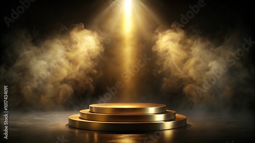 Asymmetrical gold podium with smoke on dark background
