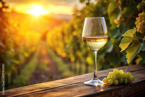 Asymmetrical glass of white Burgundy wine against late sun