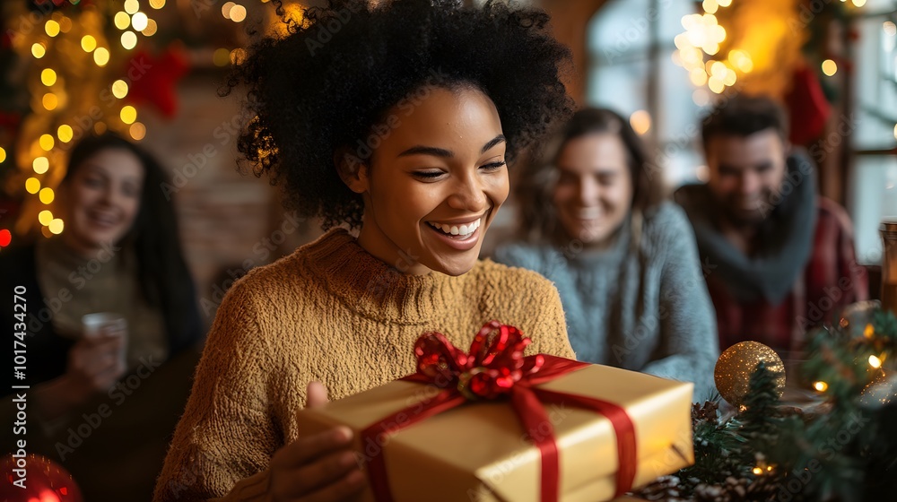 A Woman Opening a Christmas Present, Surrounded by Festive Lights and Family